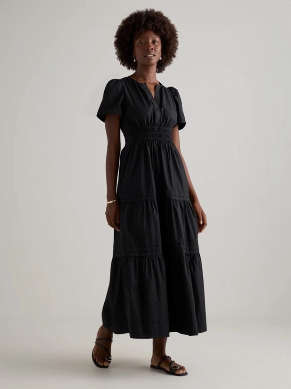 Quince 100% Organic Cotton Poplin Tiered Maxi Dress Black Pockets